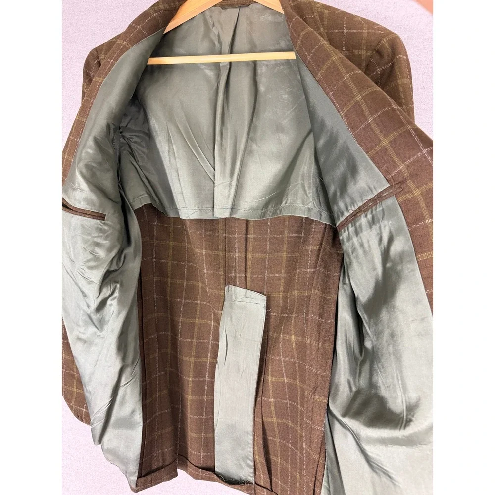 Vintage 60s Bespoke Brown Windowpane Check Sport Coat Blazer 36R ACWA Union Tag
